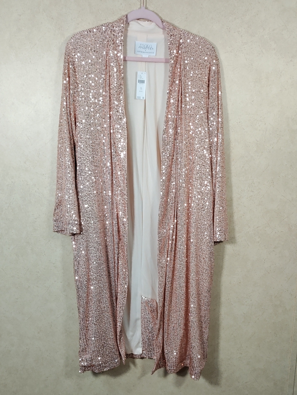 J148 Mare Mare X Anthropologie Rose Gold Sequin Duster Jacket 1X NWT